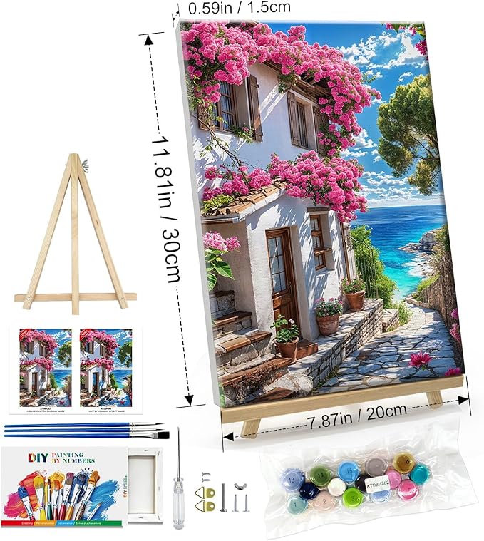 ATDMS Paint by Numbers Kit for Adults with Frame Landscape Paint by Number with Easel DIY Flowers House Adult Paint by Number Kits Paint by Numbers Kit on Canvas for Gift Home Wall Decor 8x12 Inch