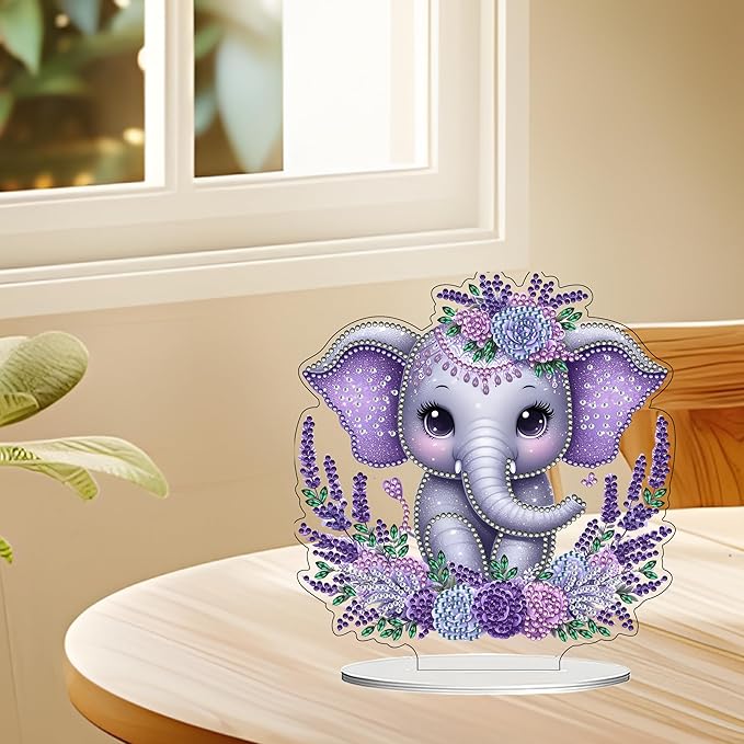 JJFox DIY Tabletop Diamond Art Painting Kit，Desktop Ornament Special Shaped Rhinestone Desk Placement Ornament，Home Stand Up Gem Painting Craft Kit Gift Double Sided (Elephant Calf)