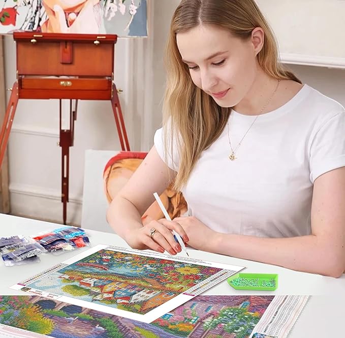 QENSPE Diamond Painting Landscape Art Kits for Adults, DIY Full Drill Diamond Art Kit for Beginners, 5D Colorful Houses Round Diamond Dots Paintings Gem Art Crafts Home Wall Decor Gifts 30x30cm