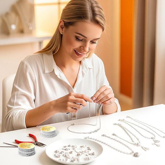 PP OPOUNT Silver Necklace Chains for Jewelry Making, 62.3 Feet 8 Rolls Stainless Steel Chain for Jewelry Making DIY Necklace Bracelet Belt Earrings with Open Jump Rings & Lobster Clasps