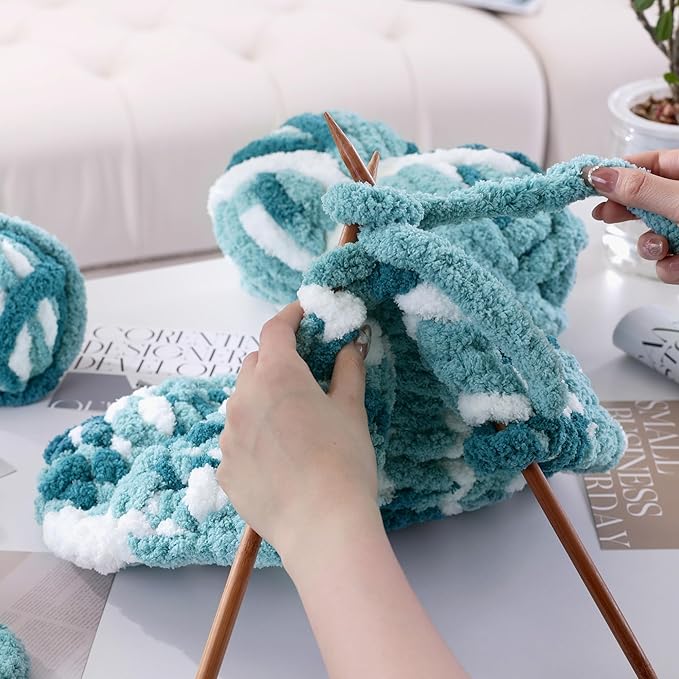 MABOZOO Tie Dye Chunky Yarn 8 Pack, Blue White Multi Fluffy Jumbo Chenille, Soft Plush Bulky, Giant Thick Fuzzy Yarn for Crocheting, Hand or Arm Knitting (26 yds, 7.5 oz Each Skein)