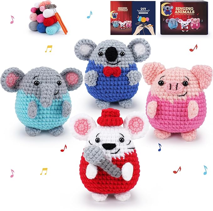 crochet kit for beginners - 4 pcs crochet starter kit with step-by-step video tutorials, for adults - elephant mouse pig koala microphone crocheting set
