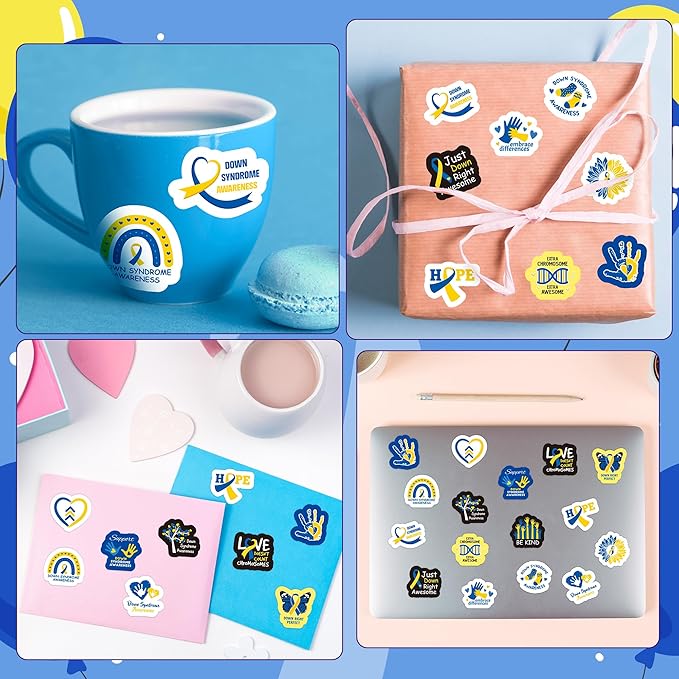 beyumi down syndrome awareness sticker - 1000pcs down syndrome awareness stickers in 2 rolls waterproof vinyl blue yellow ribbon decals school event campaign laptop bottle luggage decor for kids teens