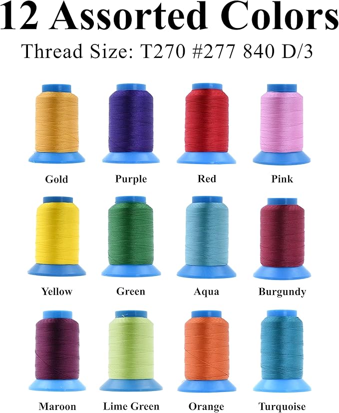 Mandala Crafts Size 277 840D T270 Bonded Nylon Thread - 12 Vibrant Colors 780 YDs Tex 270 Heavy Duty Sewing Threads for Leather, Jeans, Weaving, Outdoor Marine Upholstery