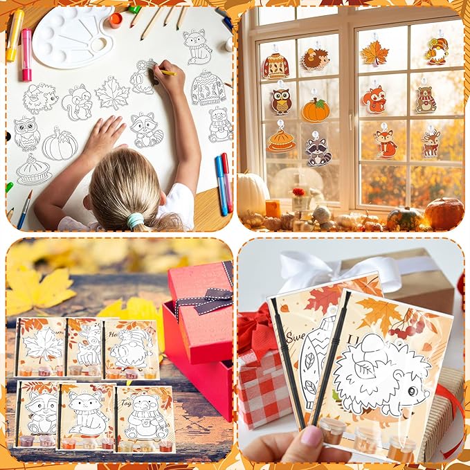 Geelin 24 Sets Fall Thanksgiving Suncatchers Ornaments Decorations DIY Window Paint Art Suncatchers Craft Kits Fall Leaf Pumpkin Sun Catchers for Autumn Harvest Party Classroom Activity Art Project