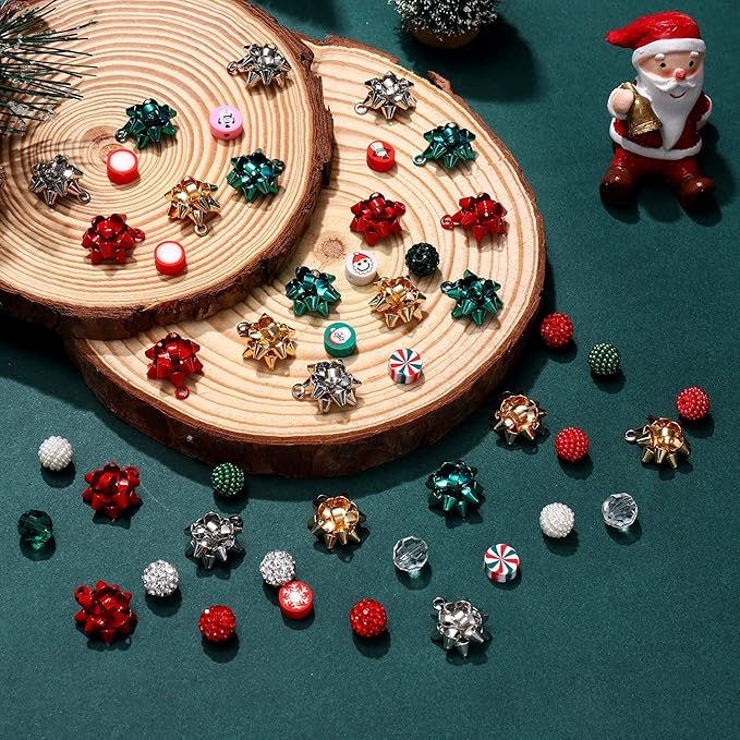 NVENF 600PCS+ Christmas Beads Charms for Jewelry Making, Metallic Christmas Bow Charms, Red Green Clay Beads, Assorted Rhinestone CCB Beads Gold Spacer Beads for DIY Bracelet Necklace Crafts