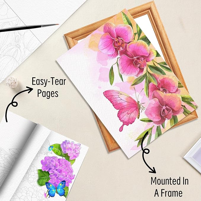 Watercoloring Book, A4 Water Coloring Book Paint Book Beginner Friendly - Watercolor Coloring Books for Adults, 12 Pre-Printed Designs on 180GSM Cold Press Paper, (Without Paint) - Butterfly