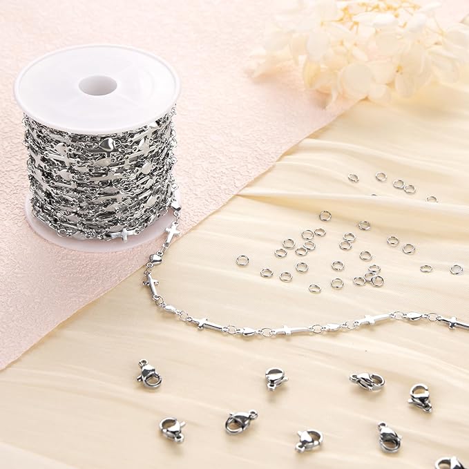 Jabogrii 4 Meters Cross Heart Chain Bulk Stainless Steel Chain for Jewelry Making Silver DIY Craft Jewelry Making Supplies