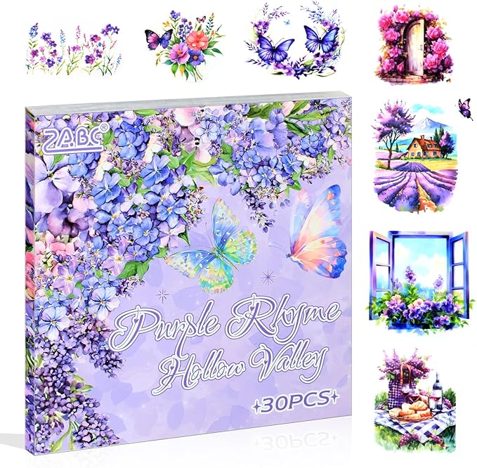 30 Sheets Precut Purple Garden Landscape Stickers Book for Junk Journal Supplies, Transparent PET Stickers for Journaling, Scrapbooking, Bujo, Collage, Card Making