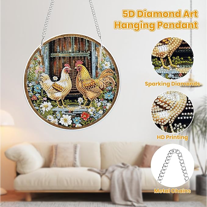 MOGTAA Chicken Diamond Art Hanging Pendant Kits, 5D Special Shape Diamond Art Kits for Adults, Crystal Rhinestones Flowers Diamond Painting Gem Art for Home Garden Wall Decor