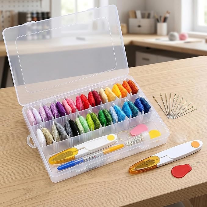 Huacan Embroidery Floss Kit with Storage Box 36 Colors Stitching Threads Sewing Kits 53 Pcs DIY Cross Stitch Accessories Set for Adults Beginner