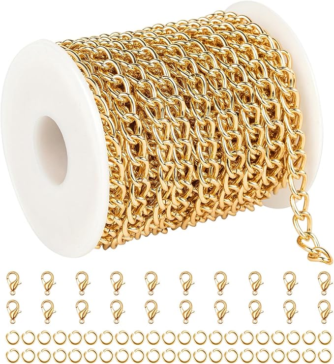 YOUBEIYEE 33 Feet Aluminum Chain for Jewelry Making, Gold Plated Cable Link Chains Bulk Handmade Decoration Craft Chain Roll