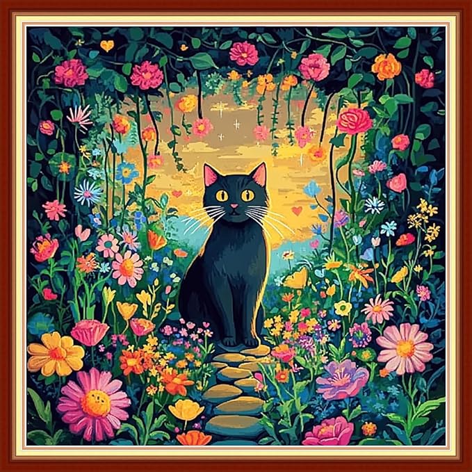 Redxing Stamped Cross Stitch Kits Embroidery kit for Beginners Adults Full Range of Embroidery Patterns Starter Kits DIY Printed Cross Stitch Kits Needlepoint Kits 11CT-Garden Cat 18x18 inchs