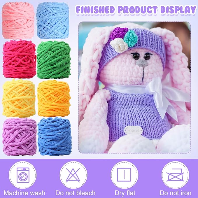 Buryeah 8 Pack Chunky Chenille Yarn for Crocheting Soft Thick Fluffy Yarn for Hand Knitting Bulky Velvet Blanket Plush for Weaving DIY Crafts Each 3.5 oz 55 Yards (Novel Colors)