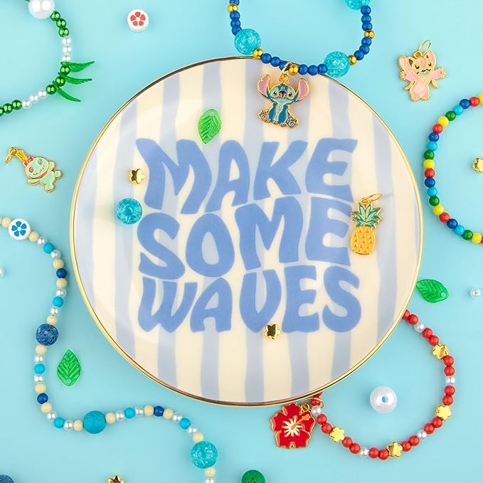 Fashion Angels Disney Stitch Jewelry Making Kit with Ceramic Trinket Tray – DIY Bracelet & Necklace Bead Set with Charms, Message Bars, and Elastic Cord for Kids & Tweens
