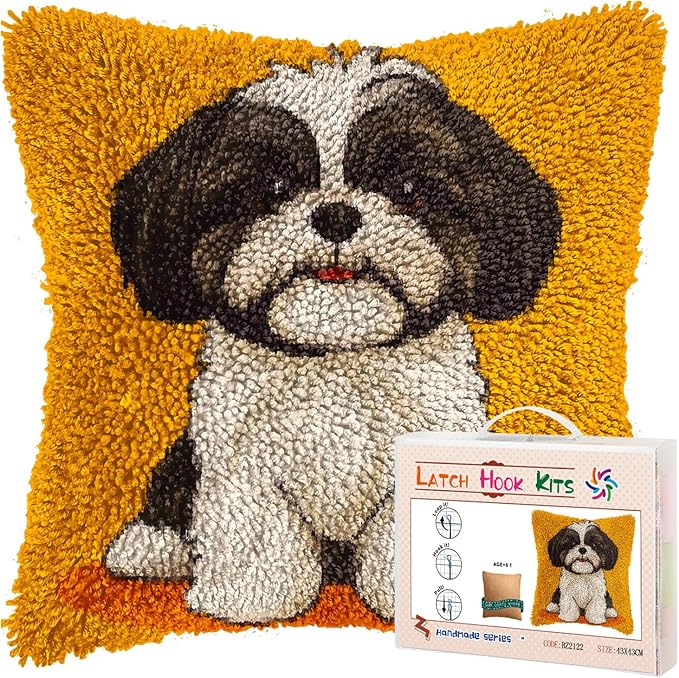 DIY Latch Hook Pillow Kits for Adults Cute Cartoon Shih Tzu Dog Printed Pillowcase Crochet Yarns Hooking Handmade Pillow Cover Cushion for Home Sofa Decoration 17x17inch-5