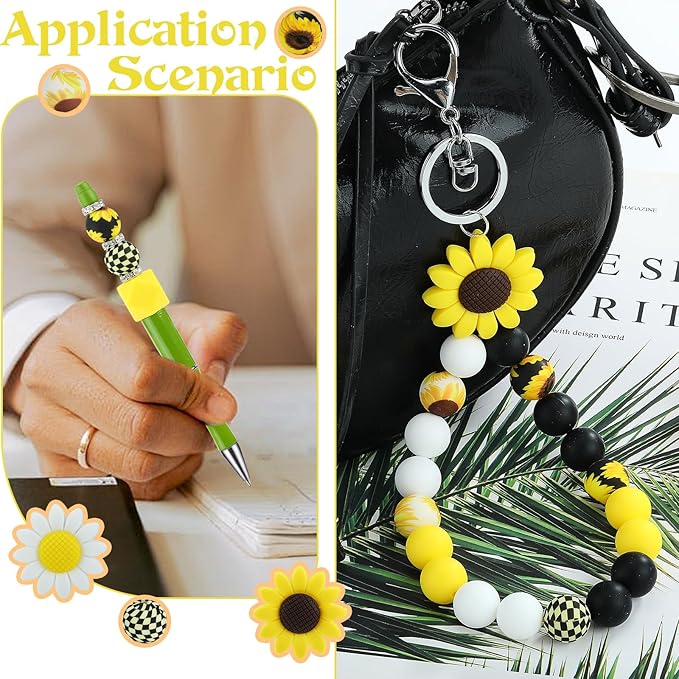 45 Pcs 15mm Silicone Beads Sunflower Focal Beads for Pens Printed Silicone Beads Bulk for Keychain Bracelets Making and Other Handmade Crafts(Chrysanthemum)
