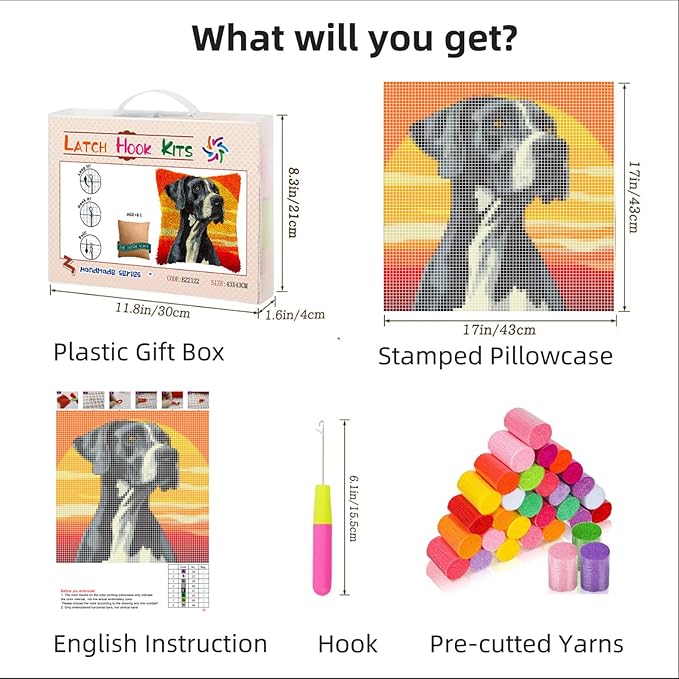 DIY Latch Hook Pillow Kits for Adults Great Dane Dog with Sunset Printed Pillowcase Crochet Yarns Hooking Handmade Pillow Cover Cushion for Home Sofa Decoration 17x17inch-1