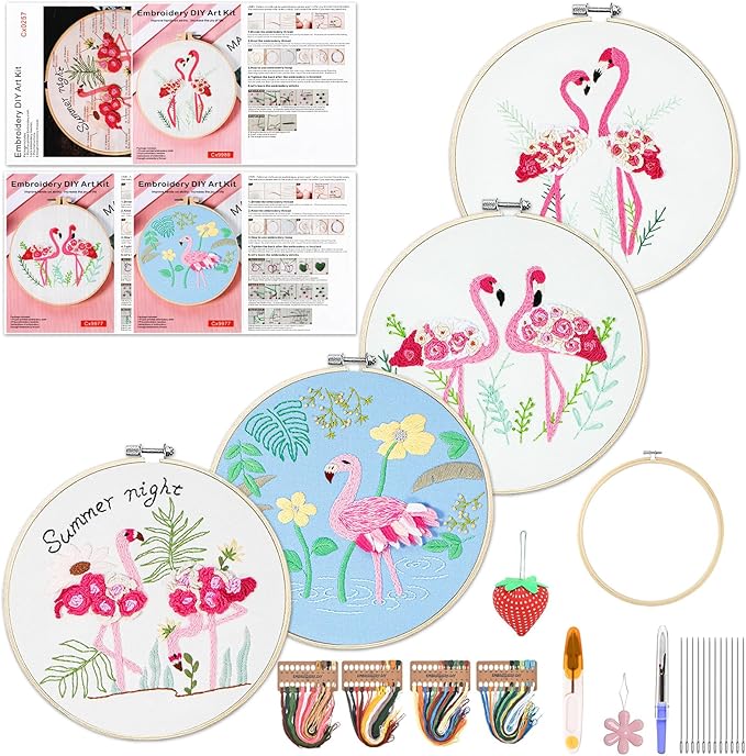 WKALXJ 4 Sets Embroidery Kits for Beginners to Advanced, Cross Stitch Kits Needlepoint Kits Crafts for Adults, Needle Point Kits with Flamingo Plant Pattern(Advanced Flamingo)