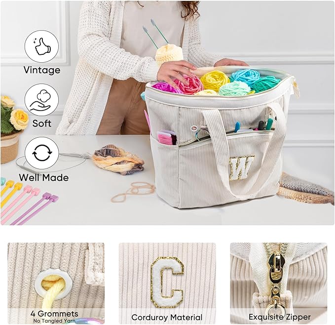 Initial Personalized Crochet Tote - Corduroy Yarn Storage Holder - Organizer for Hooks, Accessories - Project Knitting Bag - Crochet Lover Gift