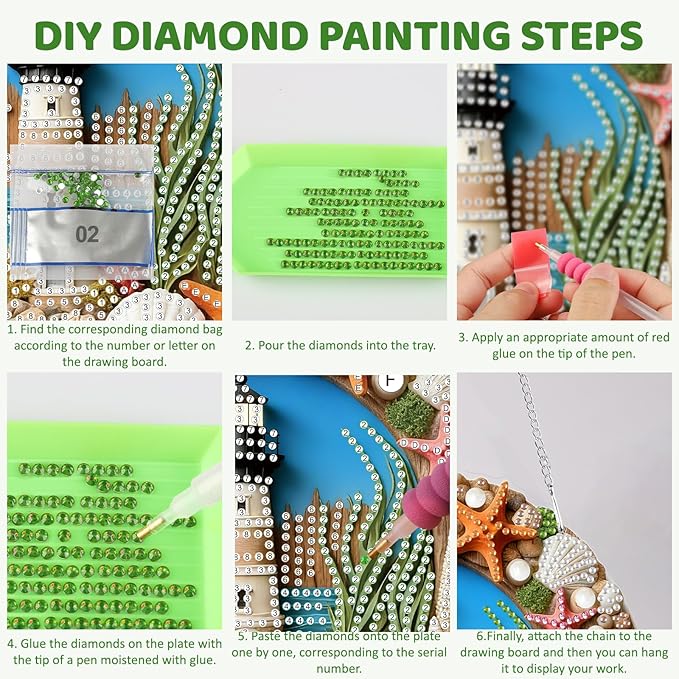 MEIYUDA Lighthouse Diamond Art Hanging Kits for Adult, Shell Starfish Wreath Diamond Painting Hanging Kits Ornaments, DIY Special Shaped Rhinestone Window Pendants Kit for Home Garden Wall Decor Gift