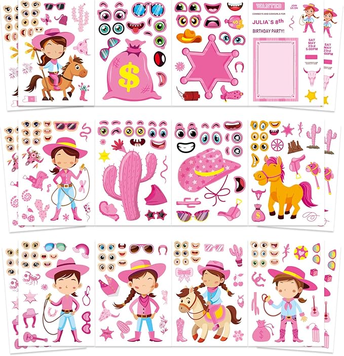 24 sheets cowboy cowgirl stickers for kids, country western cowgirl make a face sticker, make your own stickers sheets, pink cool theme art craft supplies