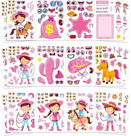 24 sheets cowboy cowgirl stickers for kids, country western cowgirl make a face sticker, make your own stickers sheets, pink cool theme art craft supplies