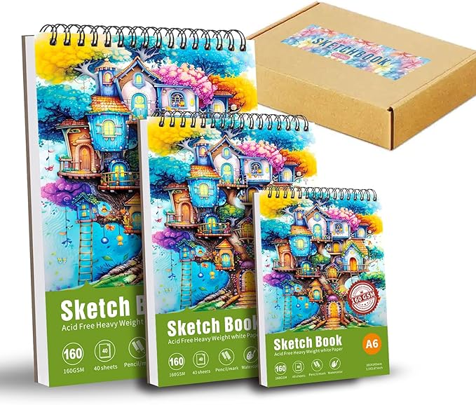 Thickened Mixed Media Sketchbook - Three Different Sizes, Drawing Paper Pad-108lb/160gsm, (Colorful Tree, Gift Set （A4+A5+A6)