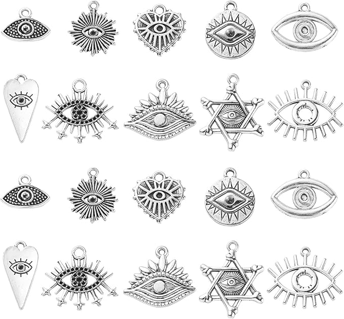 DanLingJewelry 100Pcs 10 Styles Evil Eye Charms Antique Silver with Sun Heart for DIY Jewelry Making, TIBEP-CJ0002-05-CHH