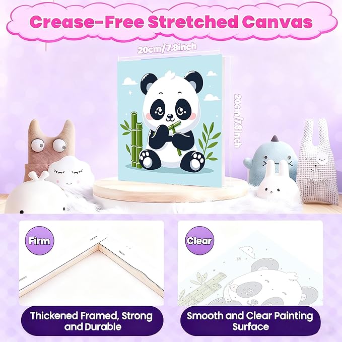 Gemozaic Paint by Numbers Kit for Kids with Frame and Easel, Cute Panda Kids Paint by Number on Canvas for Age 4-8, 8x8 Inch