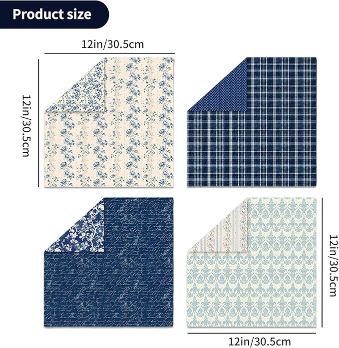 12x12 Scrapbook Paper, 24 Sheets/24 Designs Vintage Blue Scrapbook Paper Set, Double Sided Garden Pattern Floral Decorative Craft Paper For DIY Card Making Photo Album Journal Decor