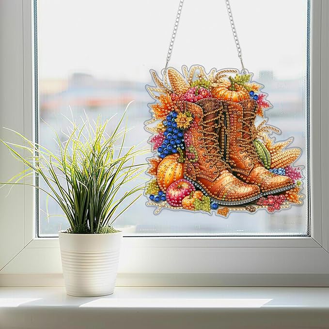 SENQAO Boots Diamond Art Hanging Kits for Adults Kids, Acrylic Diamonds Painting Pendant Board Kit Thanksgiving, Diamond Art Painting Window Pendants Home Garden Wall Hanging Kits Hanging Ornament