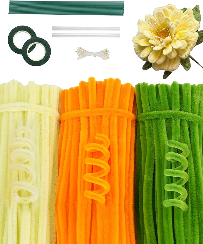 300 Pcs Thick Pipe Cleaners,Craft Supplies Floral Bonquet,DIY Flower Making Kit for Starter with Floral Wires, Gardening Tape,Stamen (Gold+Yellow+Green)