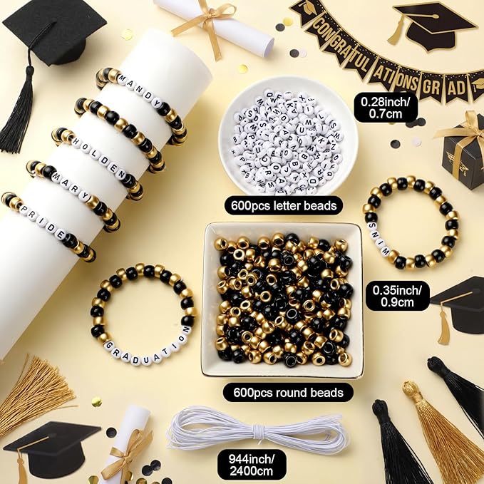 Highergo 1200 Pcs Graduation Bracelets Class of 2026 End of Year Graduation Gifts Black Gold Bead Bracelet Set DIY Craft Congrats Grad Stretch Graduate Jewelry Accessories Outfits Party Gifts Favors