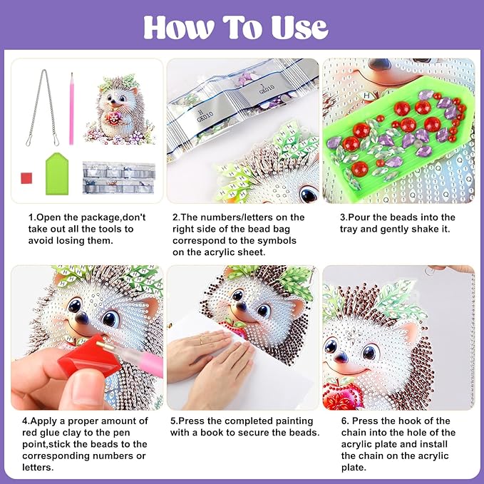 AIRDEA Hedgehog Hanging Diamond Painting Kits,Special Shaped Diamond Art Kits for Beginner Cute Animals,Gem Art Pendant Decor 7.87x7.59in