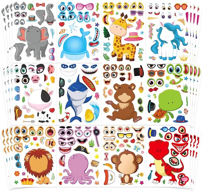 48 sheets make a face stickers for kids, make your own animal mix and match sticker sheets with safaris, sea and fantasy animals party favors supplies