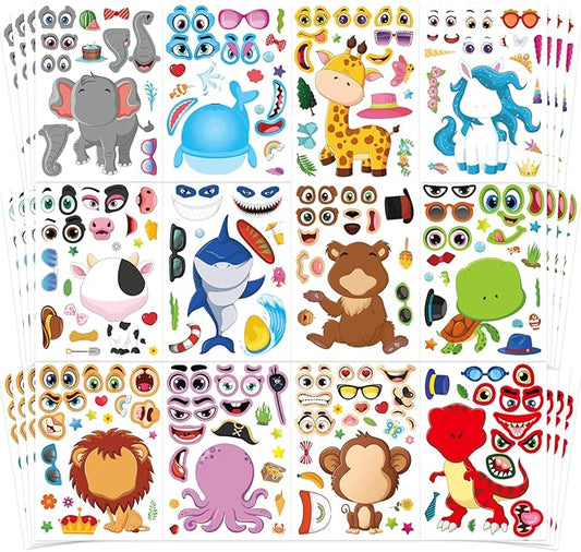 48 sheets make a face stickers for kids, make your own animal mix and match sticker sheets with safaris, sea and fantasy animals party favors supplies