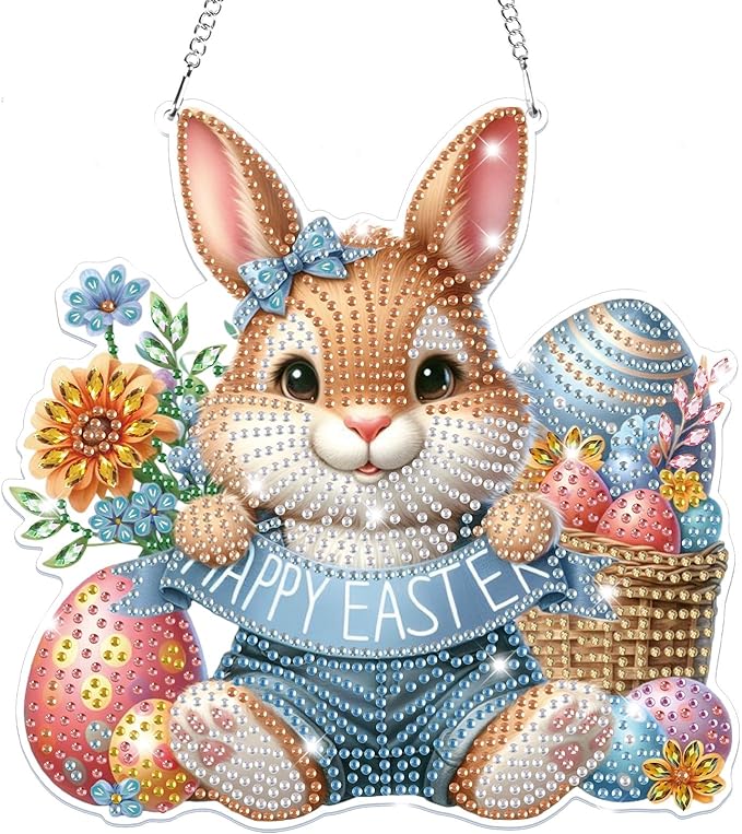 Bowetile Easter Hanging Diamond Art Kits for Adults Kids, 5D Special Shape Diamond Painting Rabbit Kits, Easter Diamond Gem Art Suncatchers Painting Pendant Home Decor, Gifts for Kids