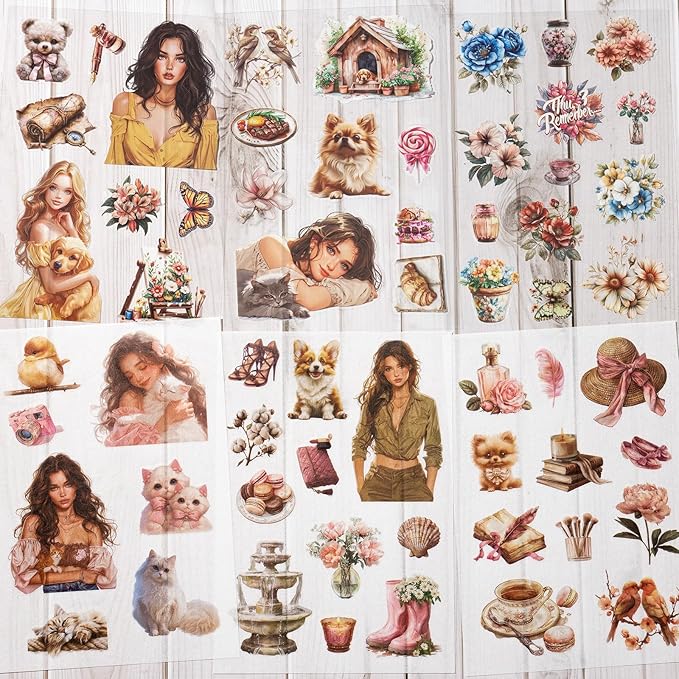 Stickers for Journaling, 20 Sheets Pets Dogs Cats Junk Journal Sticker, PET Washi Materials Scrapbooking Supplies for Adults, Animal Transparent Decorative Art Crafts