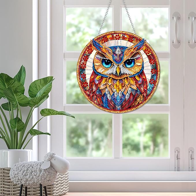SKRYUIE Owl Hanging Diamond Art Kits for Adults Pendant Suncatcher, Special Shaped Crystal DIY Pearl Diamond Painting Kit, Gift for Mother Spring Summer Window Wreath Decor 7.21 x 7.29 Inch A21