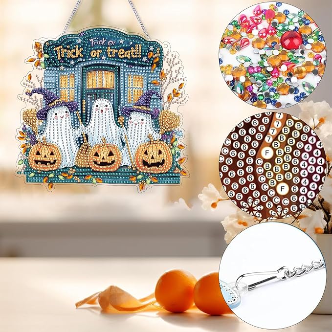 Bimkole Trick or Treat Ghost Diamond Art Hanging Kit, DIY 5D Diamond Art Halloween Window Pendant, Acrylic Crystal Art Hanging Ornament Home Wall Garden Front Door Sign Outdoor Decor 7.8x7.8 Inch