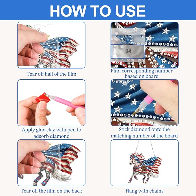 CEOVR 4th of July Hanging Diamond Art for Adults, American Flag Horse Diamond Painting Pendant DIY Gem Art Wall Hanging Ornament, Acrylic Home Garden Decor with Chain, Box Kit 7.78×7.14inch