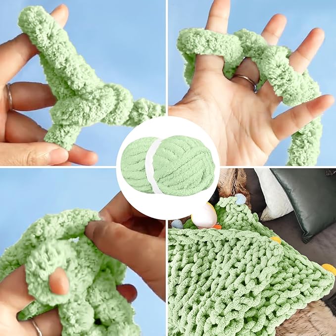 Chunky Chenille Yarn for Hand Knitting,Fluffy Soft Jumbo Yarn by Circular Needle & Crochet Hook,Super Bulky Big Yarn for Chunky Blanket,Large Thick Arm Knitting,8 Pack,Sage Green