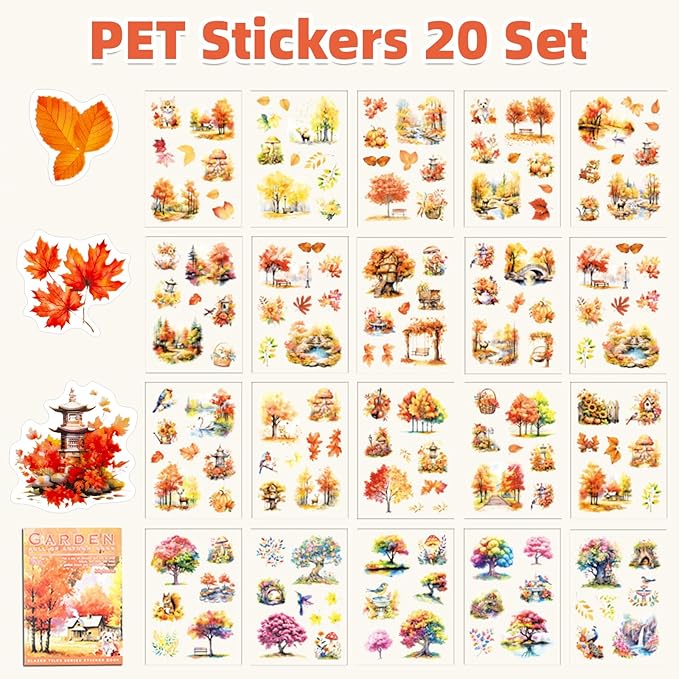 Autumn Filled The Garden Sticker Scrapbooking Supplies for Junk Journal, 20 Sheets PET Stickers - Vintage Journaling Stickers, Ephemera Sticker Book Pre Cut(TZ-009-003)