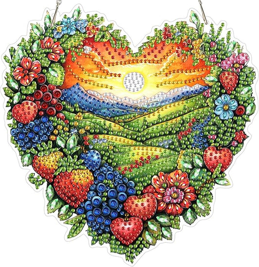 Diamond Art Kit for Adult, Heart-shaped Landscape, Diamond Art Painting Double Sided Window Pendants for Home Garden Wall Hanging, DIY Special Shaped Gem Hanging Ornaments, Colorful Fantasy Landscape