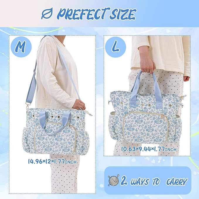 SilTriangle Large Blue Floral Quilted Crochet Knitting Bags and Totes Organizer Cotton Yarn Hook Bag Holder Christmas Corduroy Gift for Crochet Lover Crocheting Accessories, Needle with Zipper, Size L