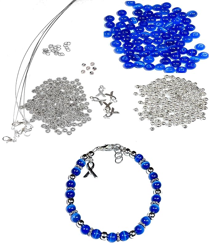 Hidden Hollow Beads DIY Craft Beading Kit, Everything to Make Cancer Awareness Bracelets, Uses Wire, Crimps and Clasps, Fundraising and Gifts (Thyroid & Prostate - Royal Blue - Makes 5)
