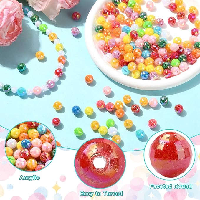 Ipotkitt 200 Pcs 8mm Faceted Round Acrylic Beads AB Color Platic Spacer Beads Random Color Round Ball Loose Beads for DIY Jewelry Making Home Decoration