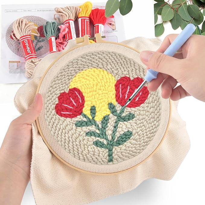 ERKOON Punch Needle Kit Adults Beginners, 2 Pcs DIY Easy Floral Embroidery Set for Starter Art Craft, Needling Punching Project with Patterns, Tools, Yarns, Hoop, Instruction (Rose)