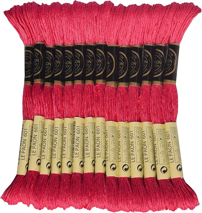 LE PAON Embroidery Floss, 14-Pack Six Strands 100% Long Staple Cotton Embroidery Thread, 8.7-Yard，Color Number：601, Dark Cranberry